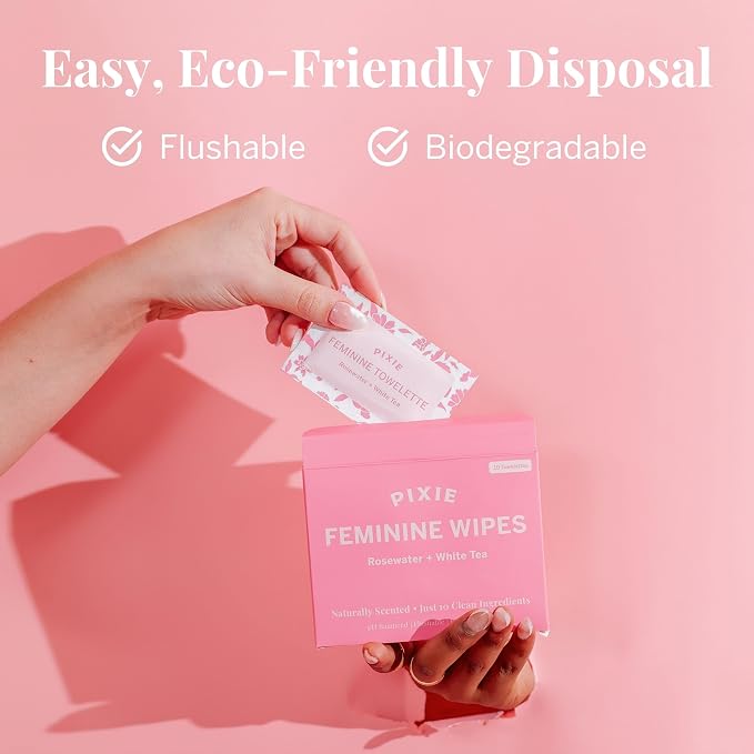 Pixie Feminine Wipes – Naturally Scented Rosewater + White Tea – Flushable, Biodegradable & pH Balanced – Individually Wrapped Wipes for On The Go – Cleaner for Menstrual Cups & Discs (3 Packs of 10)
