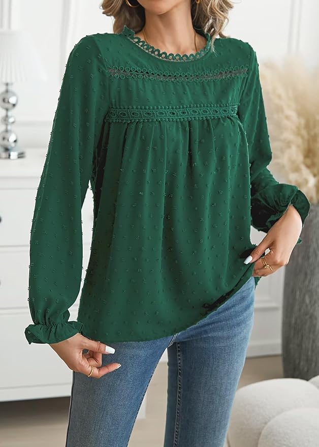 Womens Boho Tops Long Sleeve Shirts For Women Cute Crewneck Blouse Dressy Casual Swiss Dot Crochet Hollow Top 2026