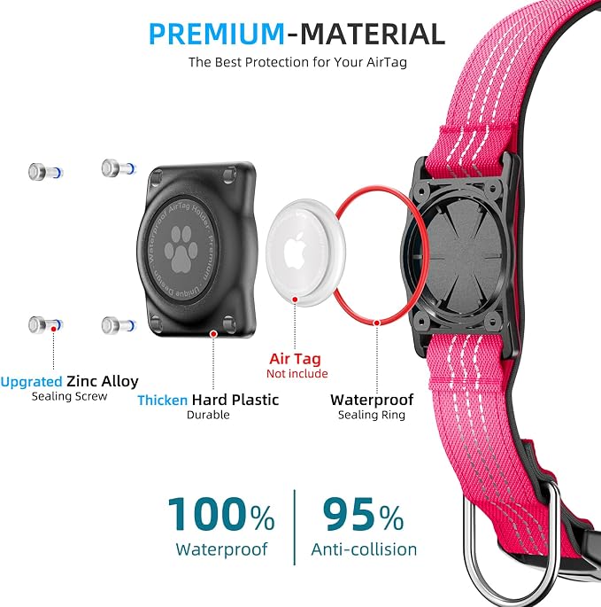 Upgrade Dog Collar with AirTag Holder, IP68 Waterproof, Hot Pink, M | Built-in Water Resistant AirTag holder, 1000D Nylon, Reflective Stitching for Night Visibility, Soft padding for Comfort