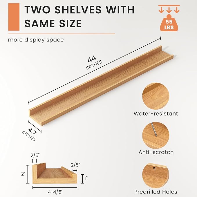 Picture Ledge Shelf, Floating Shelves for Wall, 44" W Set of 2, Oak | FSC Certified Engineered Wood, Wall Mounted Bookshelf, for Nursery Living Room Bedroom, Pre-Drilled, Easy Install