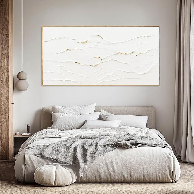 Framed White Gold Abstract Wave Canvas Wall Art for Living Room 24x48 Inch