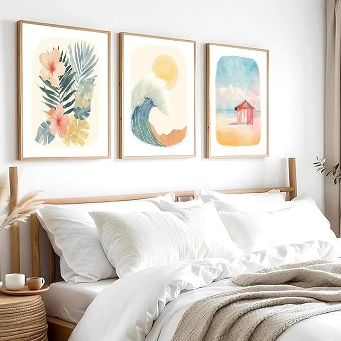 Beach Nursery Poster, Set of 6 Ocean Kids Wall Art Watercolor Summer Surf Wall Decor Beachy Boys Room Decor Funny Teen Coastal Surfboard Canvas Prints Aesthetic Unframed 8x10 inch