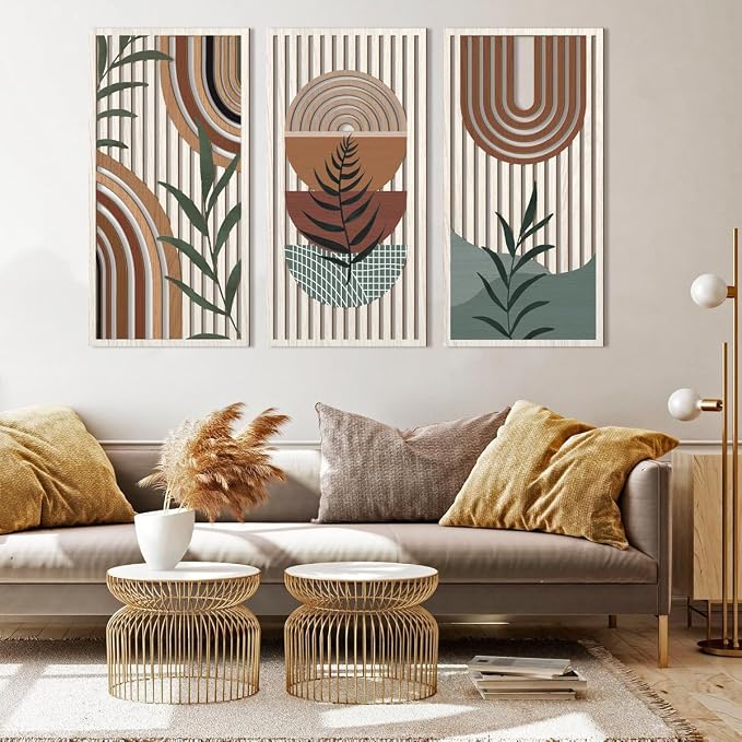 IARTTOP Large Boho Wood Wall Art 16x32 Inch Mid Century Modern Bohemian Wooden Wall Decor Brown Minimalist Geometric Plant Decor for Bedroom Living Room Dining Room Set of 3