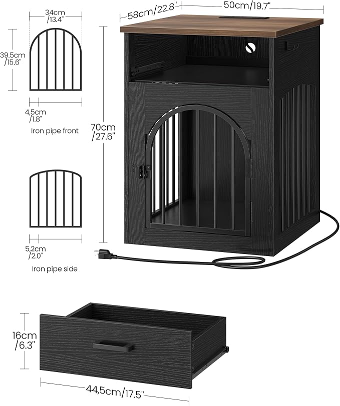 CHOEZON Dog Crate Furniture, Wooden Dog Kennel with Charging Station and Storage Drawer, Indoor Pet Crate End Table for Small Breeds,Dog Cage for Living Room, Bedroom, Black and Walnut MGW01UBL