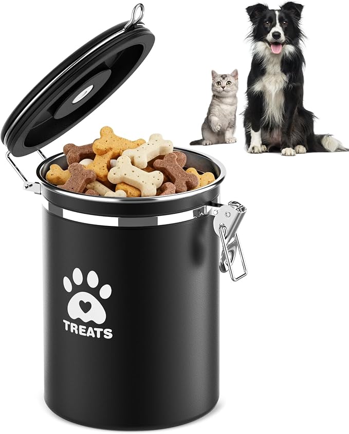 ENONCI Airtight Dog Treat Canister, 304 Stainless Steel Food Storage Jar with Date Dial Black-1.8L
