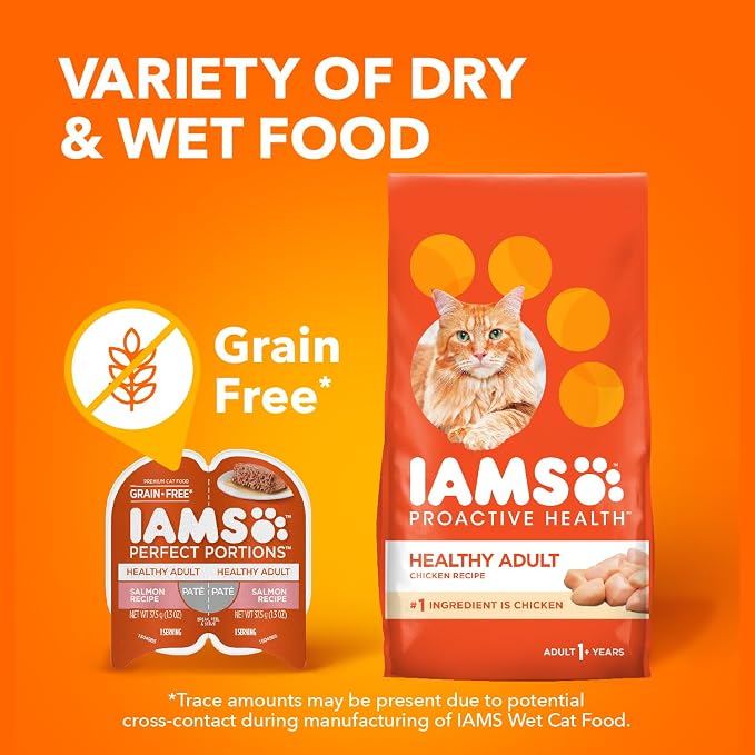 IAMS Perfect Portions Healthy Adult Pate Wet Cat Food, Salmon, 24 Count | Grain-free, 2.6 oz. twin-pack trays, Omega 6 & 3 for skin & coat, prebiotics & beet pulp, snap-peel-serve, no messy leftovers