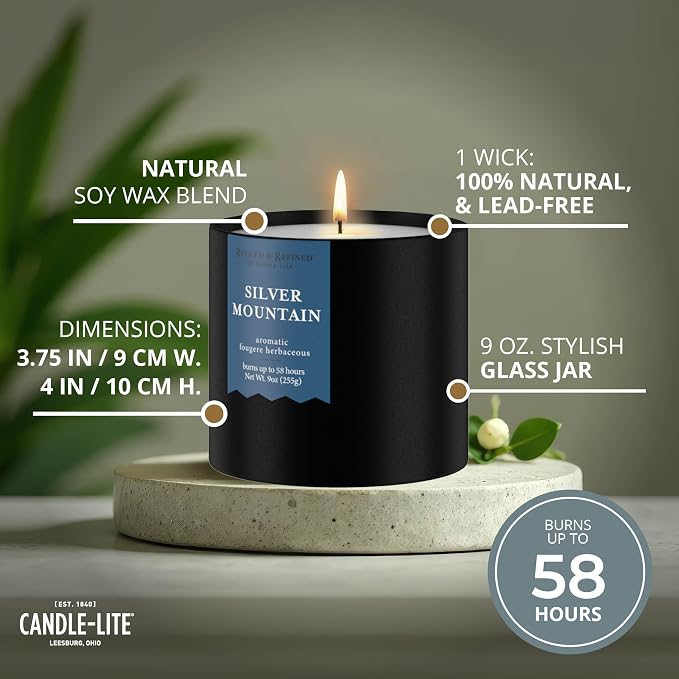 Candle-lite Rugged & Refined Scented Candle for Men, Silver Mountain, 9 oz Tin, Poured in the USA, Masculine Fragrance, 1-Wick, 58 Hours of Burn Time, Ideal Gift for Man in Your Life & Father's Day