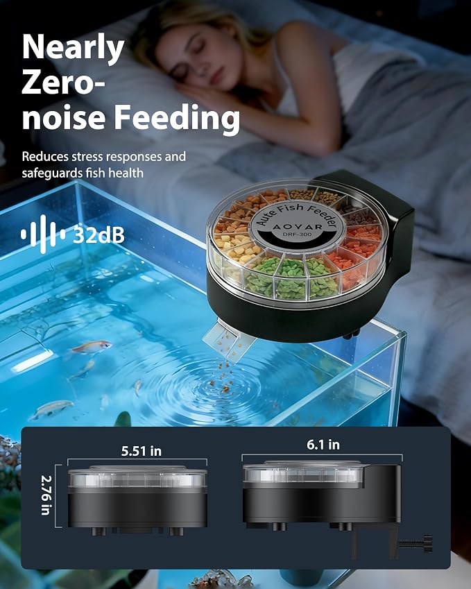 Automatic Fish Feeder Dispenser for Aquarium: Auto Precision Food Feeding 300ml Large Capacity for Powder Flakes Pellet, Battery Feeders Timer for Small Tank Turtle Betta Koi Vacation Weekend Day