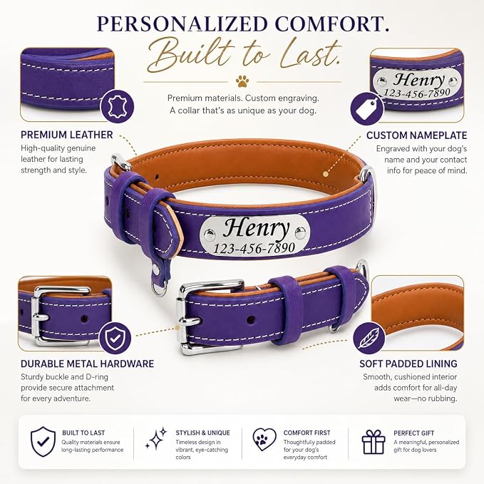 Personalized Leather Dog Collar with AirTag Holder Case, Custom Engraved Nameplate Dog Collar, Adjustable Genuine Leather Soft Padded Dog ID Collar for Medium Large X-Large Dogs-Dark Purple-M
