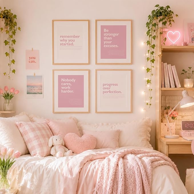 DSHFG Pink Motivational Inspirational Office Wall Art Decor Prints Set of 4 | Pink Motivational Wall Decor Trendy Retro Posters for Office Home Decor, Inspirational Posters Prints 8x10 Unframed