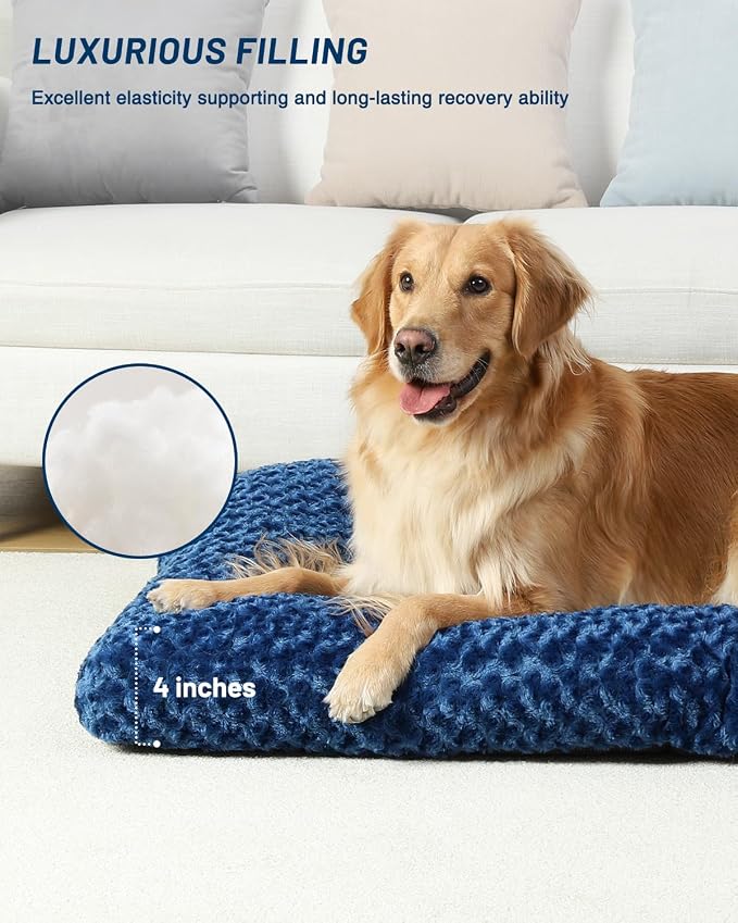 KSIIA Washable Dog Beds Large Sized Dog Crate Bed Plush Mat 47"x29" Blue | Deluxe Plush Comfy Kennel Pad, Anti-Slip Bottom,Deep Sleeping Mat for Large Dogs,Machine Washable for Easy Cleaning