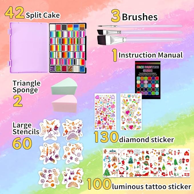 146 Colors Professional Face Painting Kit for Kids & Adults, Non Toxic Water Based Split Cake Face Paint Palette 36 x 10gm + 6 Sequins Gels,One Stroke Rainbow Body Paint Set for Halloween & Christmas