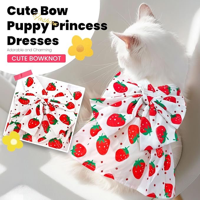ABRRLO Cute Dog Dress Small Dog Clothes for Girls Female Puppy Outfits Red Strawberry Pet Summer Clothes Bowknot Doggy Cat Princess Dresses Harness for Holiday Birthday Party Costume Clothing (Red,L)