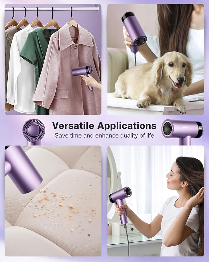 KNKA Hair Dryer, 1500W High Speed Blow Dryer with 4 Temps & 3 Speeds, Fast-Drying Negative Ionic Hair Dryer for Women, 110,000 RPM Hairdryer Low Noise with Nozzle for Home Travel Salon, Purple