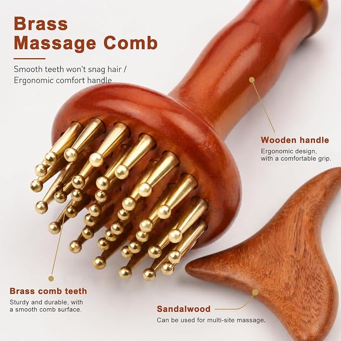 29-Teeth Wooden Handle Copper Head Massage Comb and Sandalwood Triangle Massager, Body & Scalp Gua Sha Tools Set for Meridian Acupressure, Stress Relief, Cellulite Remover