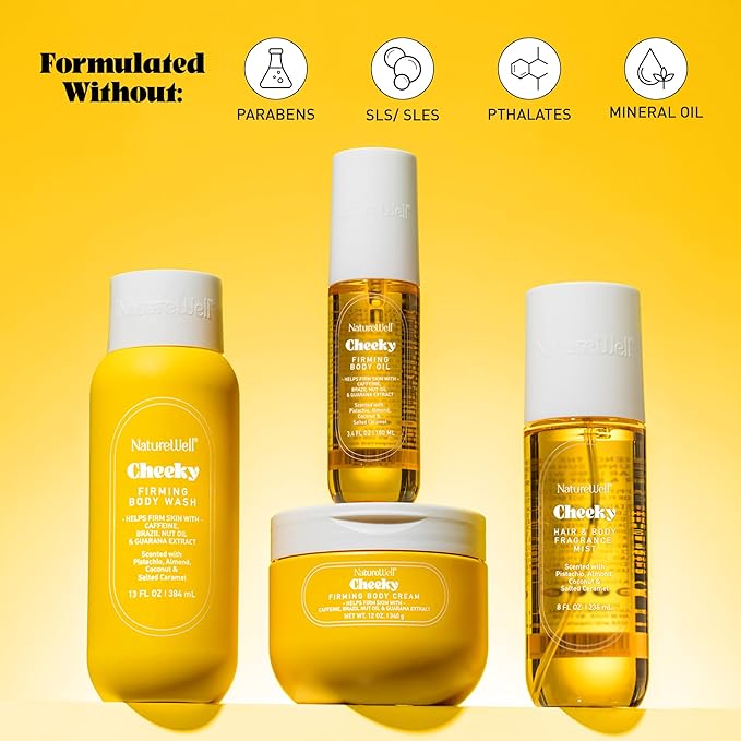 NATURE WELL Cheeky Firming Body Oil & Body Cream Bundle, Luxuriously Glowy, Fast-Absorbing, Designed to Nourish, Firm & Smooth Skin, Scented with Pistachio, Almond, Coconut, & Salted Caramel