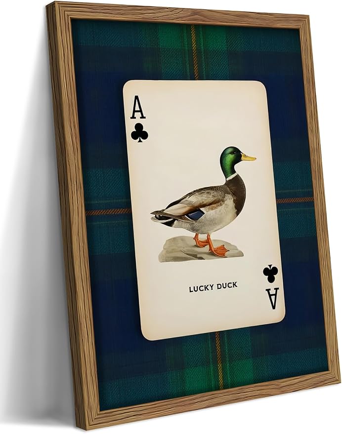 Framed Vintage Mallard Duck Wall Art, Country Lucky Duck Wildlife Poker Wall Decor Painting, Nature Rustic Farmhouse Hunting Canvas Prints Pictures for Living Room Bedroom 12x16 Inch