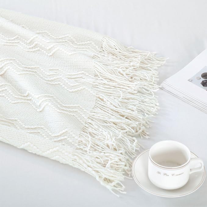 BOURINA Off White Throw Blanket 50x60Inch Boho Knit Soft Throw Sofa Blanket | Knitted Throw Blanket 50x60 Inches, Soft Lightweight Boho Weave Throw Decorative Couch Blanket for Living Room Bedroom Chair