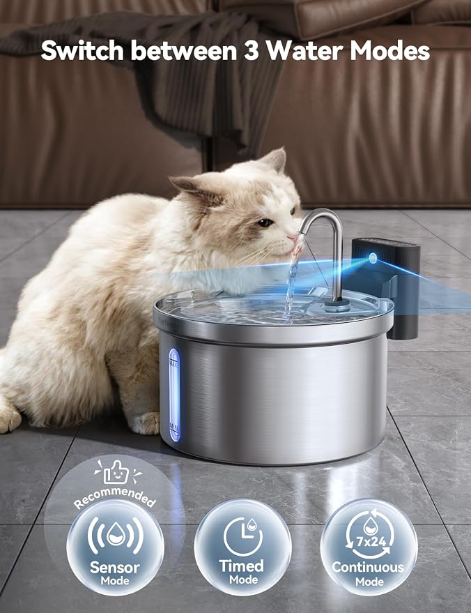 Wireless Cat Water Fountain Stainless Steel [Water & Battery Separation] FEELNEEDY Smart Pet Water Fountain, 4000mAh Battery Operated Water Fountain for Cats Dogs 3.5L/118oz + 6 Filters