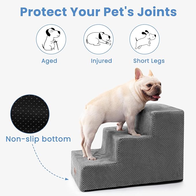 Aodisman Dog Stairs for Small Dogs,Wider 3-Step Pet Steps for Couch & Bed | High-Density Foam Dog Steps with Anti-Slip Bottom,Easy for Puppies,Older Cats & Dogs to Reach Sofas & Chairs,Grey,15.7" H