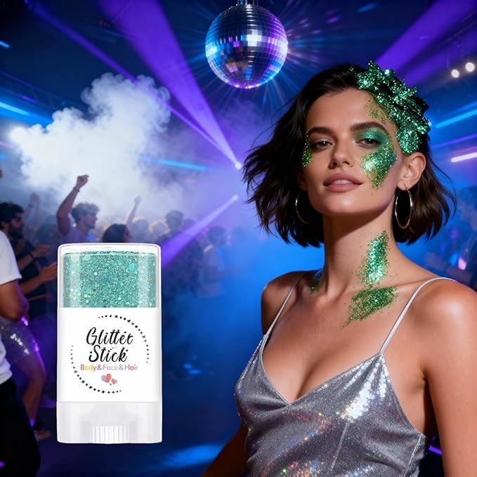 Green Body Glitter Stick, Perfect Holographic Sequins Face Paint Glitter Neon Outfit Rave Festival Party Accessories Hair and Body Glitter Gel Makeup