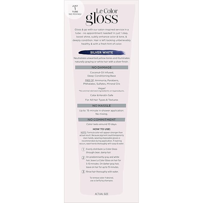 L’Oreal Paris Le Color Gloss One Step Toning Gloss, In-Shower Hair Toner with Deep Conditioning Treatment Formula for Gray Hair, Silver White, 1 Kit