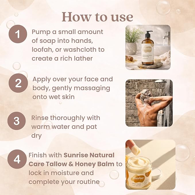 Tallow & Honey Liquid Soap – Cedarwood – Natural Face, Body & Hand Wash – Grass-Fed Beef Tallow Cleanser – Gentle Moisturizing Soap – 16 oz