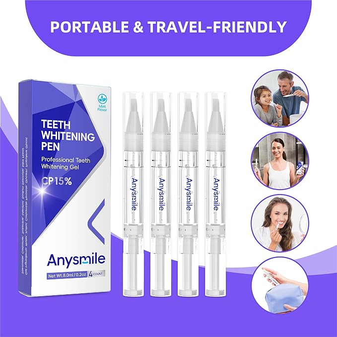 Anysmile Teeth Whitening Pens Non Sensitive Teeth Whitener Gel with Effective 15% Carbamide Peroxide, 4 Professional Tooth Whitening Gel Pens 2ml/Pen