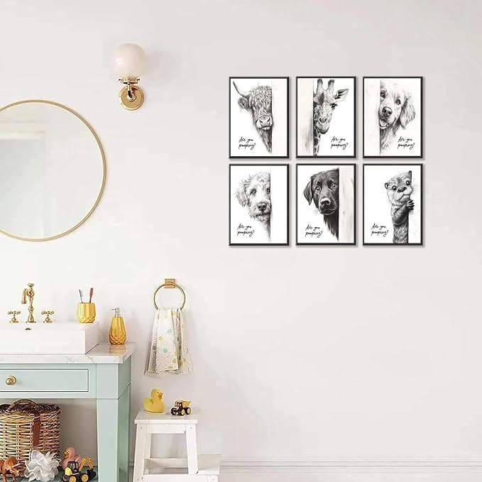 Funny Bathroom Wall Art Set of 6 Black and White Bathroom Posters Unframed | Premium Canvas Prints, Cute Animal Wall Decor, Retro Funny Toilet Art Prints for Wall Decoration, 8x10Inch