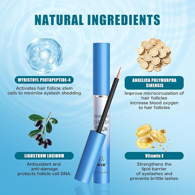 W3W Eyelash Growth Serum for Longer, Thicker Lashes – Peptide & Botanical Lash Enhancer with Myristoyl Pentapeptide-4, Helichrysum & Angelica Root Extract – Natural Lash & Brow Serum (4ml)