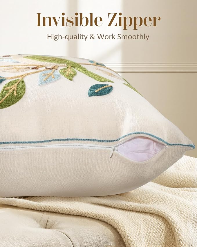 Animal Embroidered Lumbar Pillow Cover 20x12 Inch, Floral Birds | Decorative Throw Pillow Cover, Cottagecore Cushion Cases with Hidden Zipper, Farmhouse Decor for Couch, Sofa, Bedroom