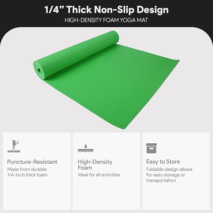 Fitvids All Purpose 1/4-Inch High Density Anti-Tear Exercise Yoga Mat with Carrying Strap, Multiple Colors