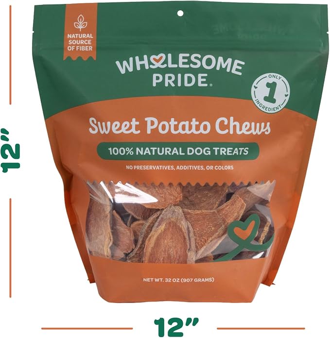 Wholesome Pride Sweet Potato Chews Healthy Dog Treats, 1 Ingredient, 32 oz | No Preservatives, 100% Sweet Potato, Gently Dehydrated, Supports Digestion, No Grain or Gluten, Training & Snacking