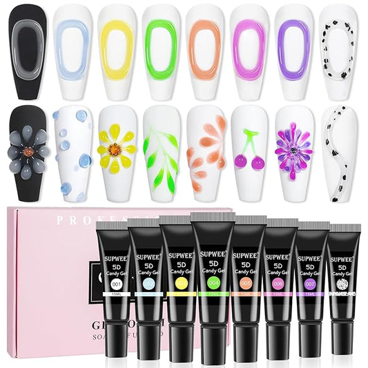 3D Nail Art Gel Sculpting for Design - 8 Colors Clear White Embossing Tube for Carving Modeling Painting Drawing - Home DIY Manicure