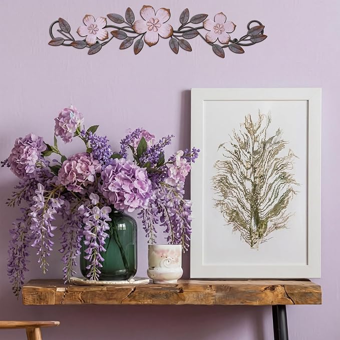 Wesiti Metal Flower Wall Decor Vintage Metal Flower Wrought Iron Scroll Sculpture 15.7''x3.7'' Not 3D, Flat Farmhouse Leaf Wall Decor with Nails for Summer Bedroom Kitchen Indoor Outdoor(Purple)