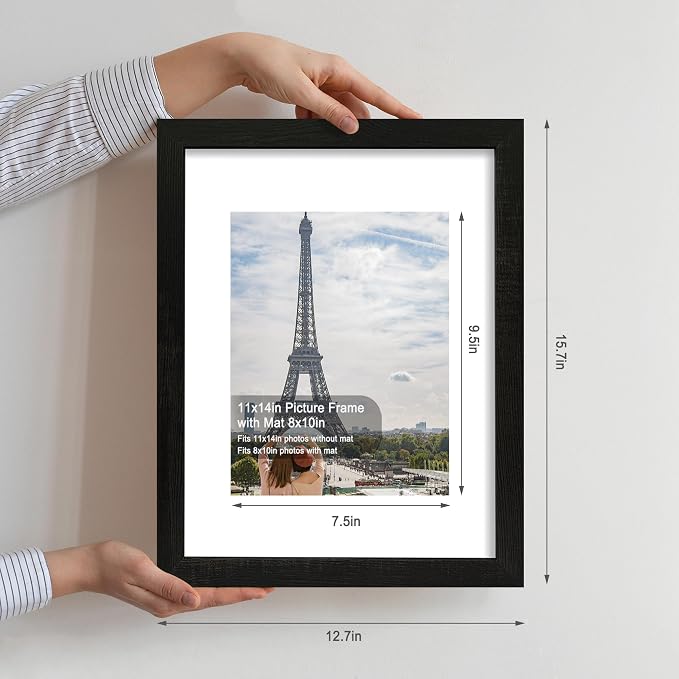 Hongkee 11x14 Picture Frame Set of 4, Made of Real Glass and Rustic Black Wooden Frame, Display 8x10 Pictures with Mat or 11 x 14 Posters without Mat for Wall Mounting, Gallery Photo Frames