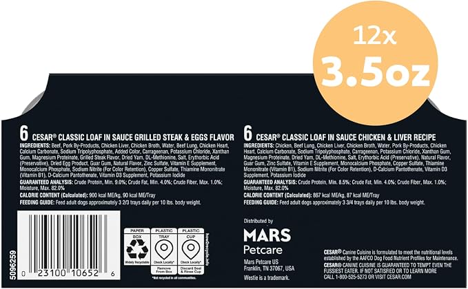 Cesar Classic Loaf Wet Dog Food, Breakfast & Dinner, 3.5 oz, 12 Count | Steak & Eggs & Chicken & Liver flavors, real beef or chicken #1 ingredient, made in the USA, no fillers, easy peel trays