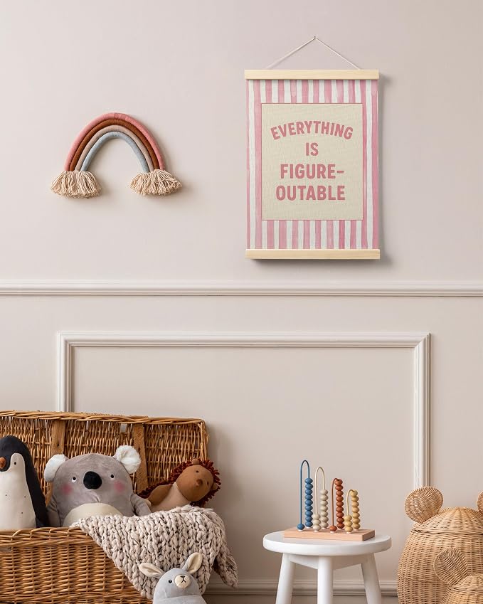 FGFK Preppy Pink Striped Everything Is Figureoutable Inspirational Framed hanging Canvas wall art Poster Prints office dorm room decor for women, Motivational posters decorations for home bedroom,12x16 Inch