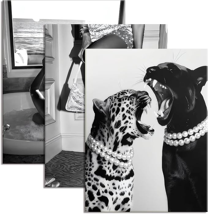Bathroom Fashion Leopard Print Black and White Canvas Wall Art Trendy Women Posters Paintings Luxury Feminist Pictures Wall Decor for Bedroom Living Room Hallway Home Decoration 12×16 In Framed