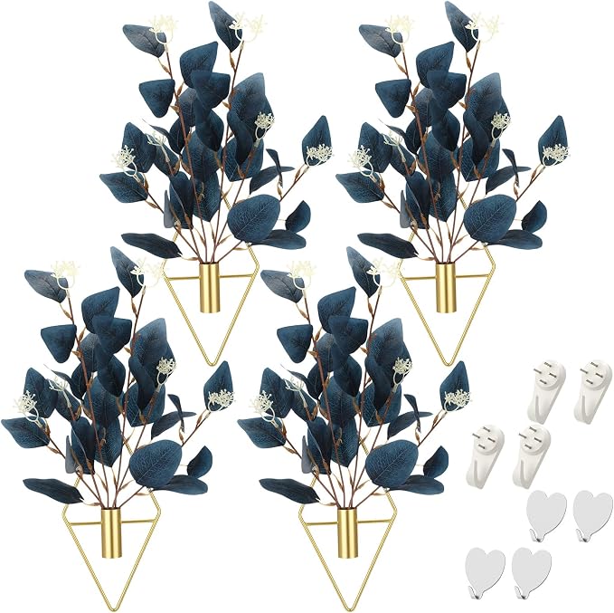 Hanaive 4 Sets Boho Wall Decor Metal Wall Art Hanging Planters with Blue Artificial Eucalyptus Display Modern Home Vase for Bedroom Home Office