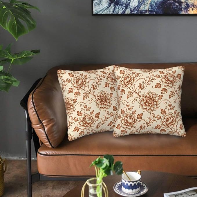 Terracotta Brown Floral Toile Pillow Covers 18x18 Set of 2, Vintage Dahlia & Peony Throw Pillow Covers Outdoor Decorative Pillow Case for Couch Bed Sofa Cushion Home Decor