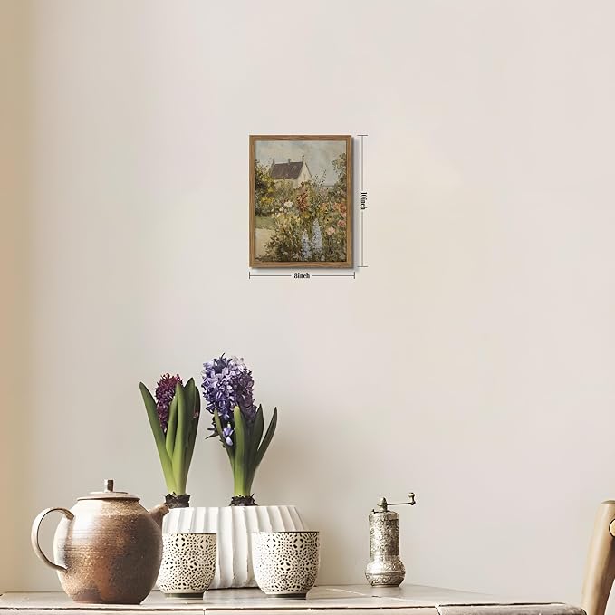 Vintage French Country Cottage Framed Canvas Wall Art – Impressionist Flower Garden Oil Painting Print, Rustic Floral Landscape Decor for Living Room Bedroom Nursery Office 8x10 inch