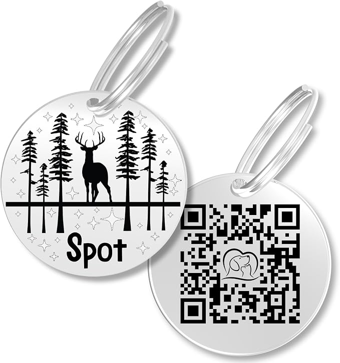 PawFurEver QR Code Dog Tag - Custom Dog Tags/Pet ID Tags for Dogs, Engraved Dog Tag & Pet Tag, Stainless Steel Dog Tags Personalized for Pets (Deer, Silver)