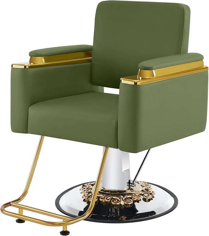 BarberPub Luxurious Salon Chair, Height Adjustable Gold&Green Salon Beauty Spa Styling Equipment, 440lbs Hydraulic Pump for Hair Stylist, Barber Shops&Beauty Salons 8633 (Green)