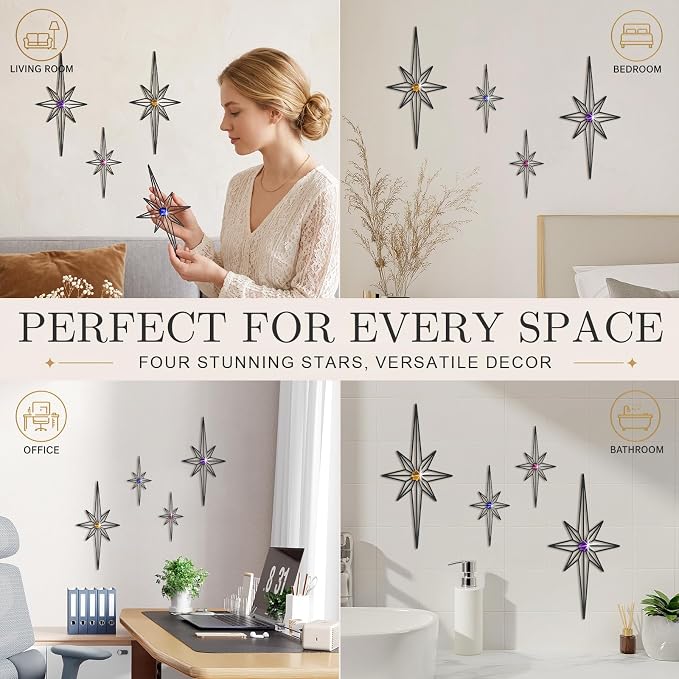sxnzequnze 4 Pcs Star Wall Art for Home Decor Living Room Bedroom Office Metal 3D,Bling,with Hanging Hook Starburst Midcentury Sculpture Retro Gallery Accent Celestial -Black 16.5in/9.4in
