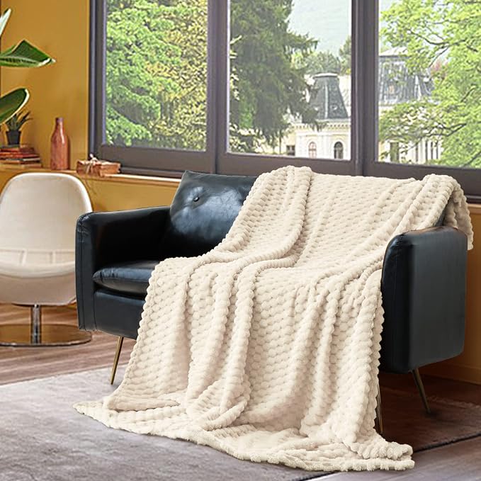 Vessia Flannel Fleece Throw Blanket(50x70 inch), 3D Jacquard Cream Fuzzy and Warm Blanket for Couch,Sofa,Bed,Chair, 300GSM Super Soft Touch Cozy Lightweight Throw for All-Season Home Decor