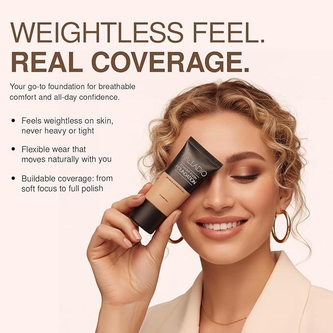 Palladio Powder Finish Liquid Foundation, Natural Matte Appearance, Reduces Fine Lines, Covers Large Pores, Hides Imperfections, All Day Wear, Sheer to Medium Coverage, Golden Beige