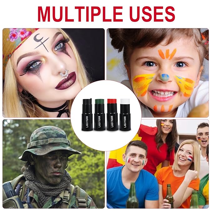 Face Body Paint Stick (BLACK+WHITE+GEEEN)，Water Resistant Sports Body Makeup Athletes Softball， Professional Halloween Face Makeup Kit ，for Halloween costume， Zombie Clown Vampire