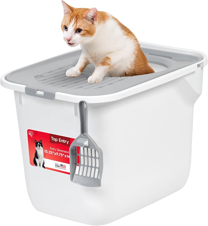 IRIS USA Large Top Entry Cat Litter Box, Hooded Privacy, White/Gray | Dog-Free Zone, Dog Proof Pan, Mess Containment System, Protected Interior, Odor Trapping, Easy Scoop Access