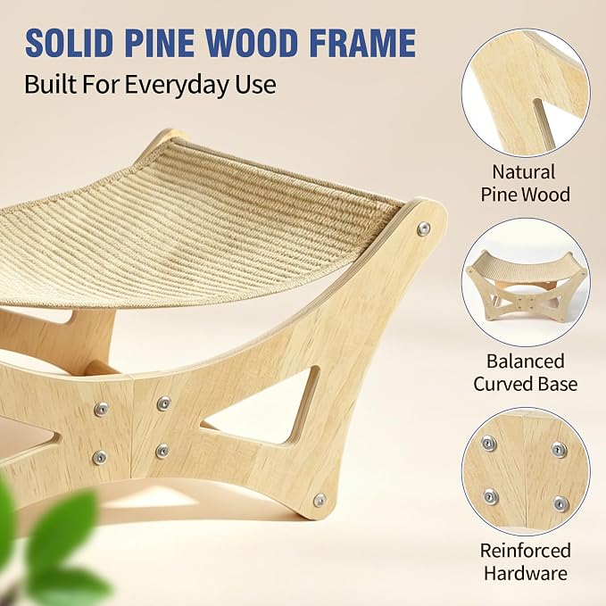 Cat Hammock Bed for Large Cats, Elevated Wooden Bed with Natural Sisal Scratching Mat, Cozy Lounge with Soft Cushion, Supports Up to 40 LBS, Modern Indoor Furniture